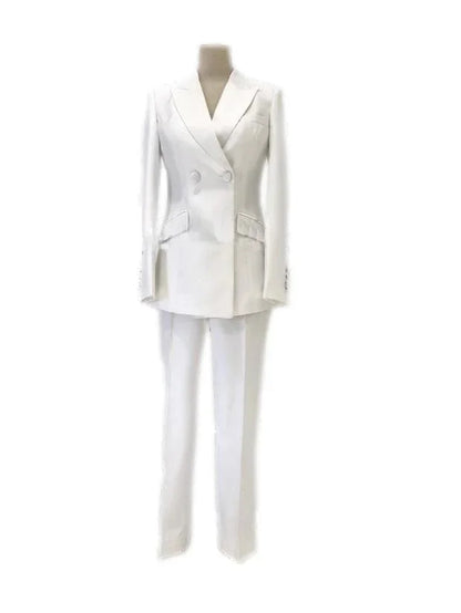 White double-breasted women's business pantsuit with trousers on mannequin