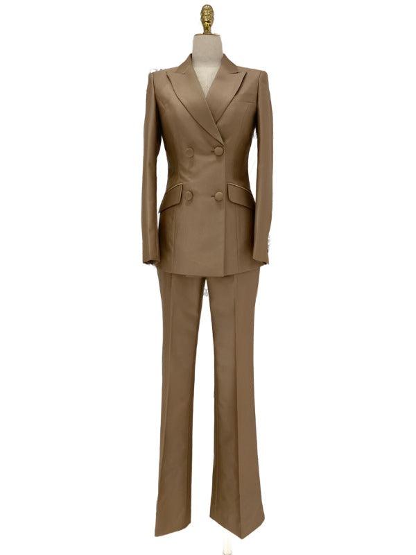 Double-Breasted Flared Pant Suit - Two-Piece Women Suit - Pantsuit - Guocali