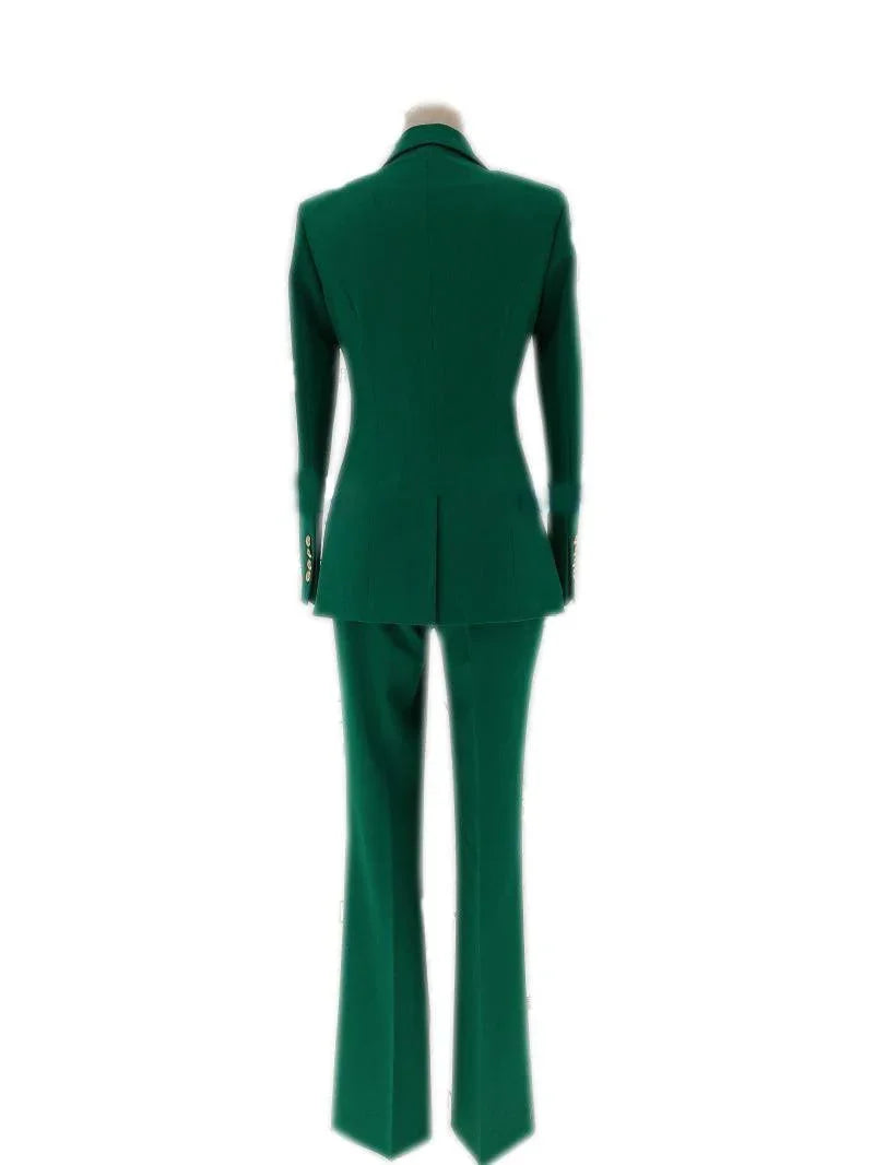 Back view of a green double-breasted women's formal pantsuit on a mannequin