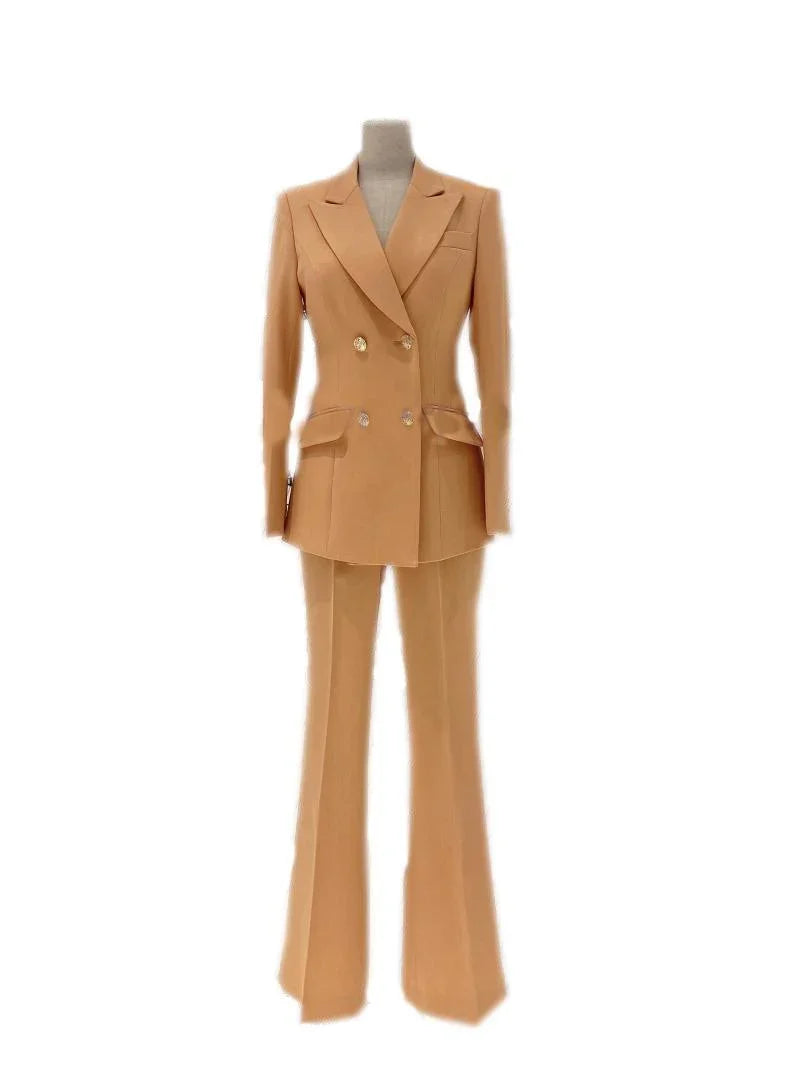 Beige double-breasted women's formal pantsuit with blazer and flared trousers on mannequin