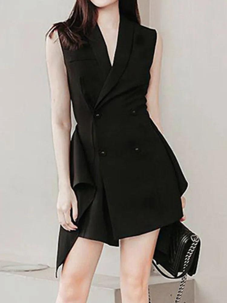 Double-Breasted Irregular Flounced Edge Dress - Sleeveless Dress - Guocali