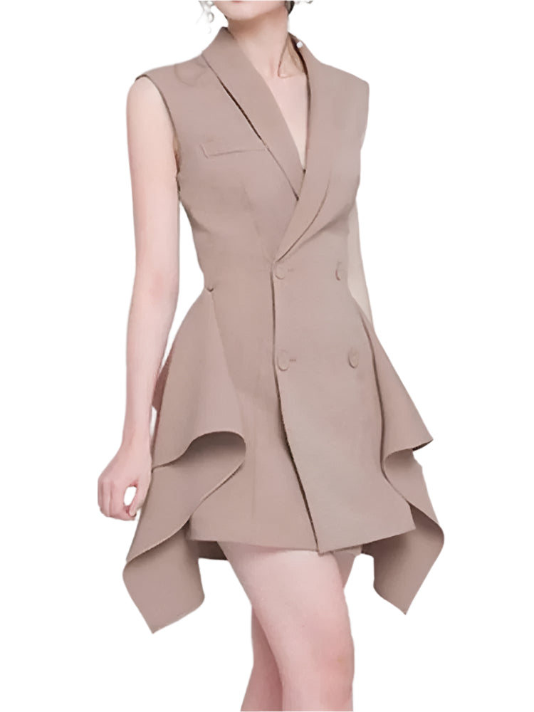 Double-Breasted Irregular Flounced Edge Dress - Sleeveless Dress - Guocali