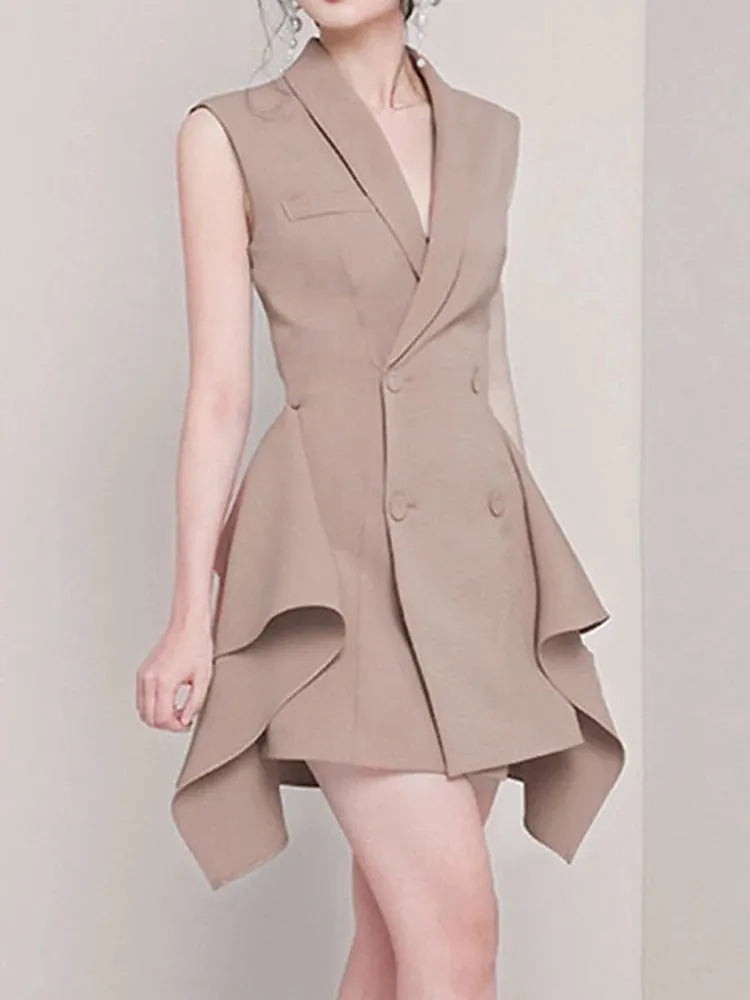 Double-Breasted Irregular Flounced Edge Dress - Sleeveless Dress - Guocali