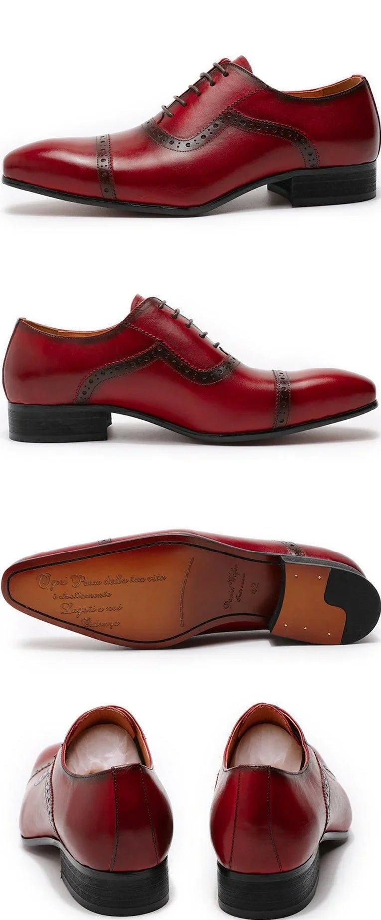 Red leather men's dress shoes with pointed toe and black brogue detailing on white background