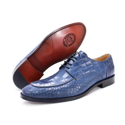Blue crocodile pattern men's dress shoes with leather soles, lace-up oxford style