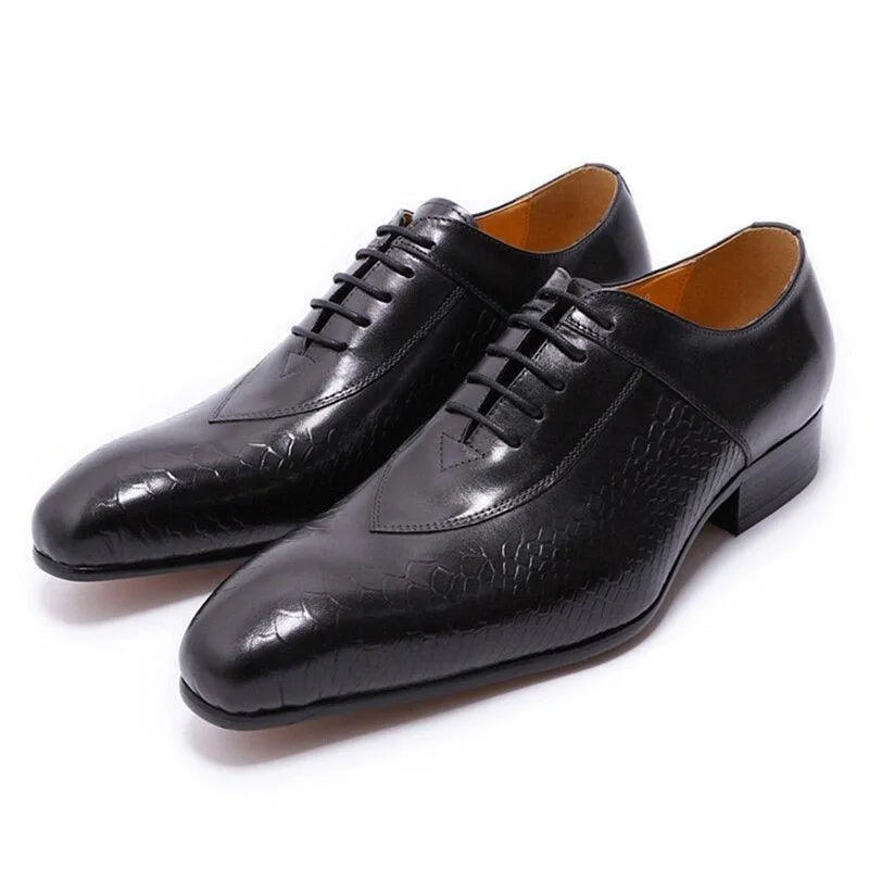 Black leather men's dress shoes with textured pattern and lace-up design on white background