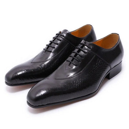 Black leather men's dress shoes with textured pattern and lace-up design on white background