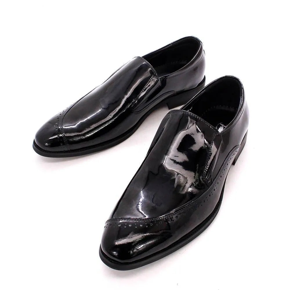 Glossy black slip-on dress shoes for men on a white background