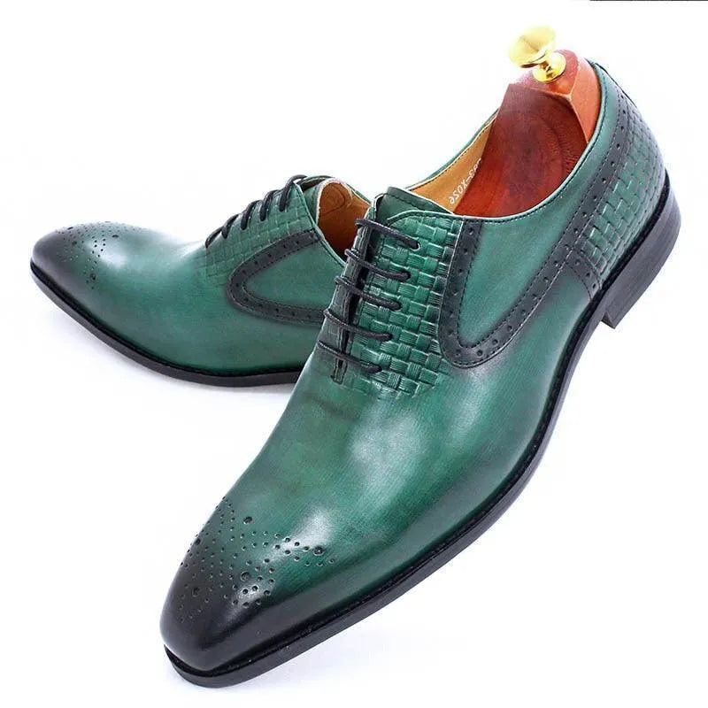 Green leather men's lace-up dress shoes with perforated toe and woven detail