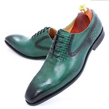 Green leather men's lace-up dress shoes with perforated toe and woven detail