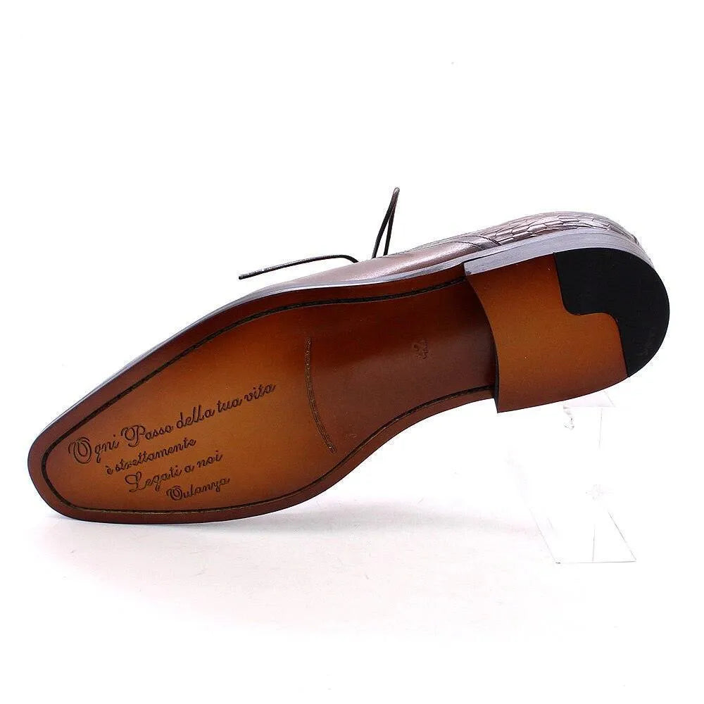 Men's brown leather lace-up dress shoe with engraved Italian text on the sole, white background