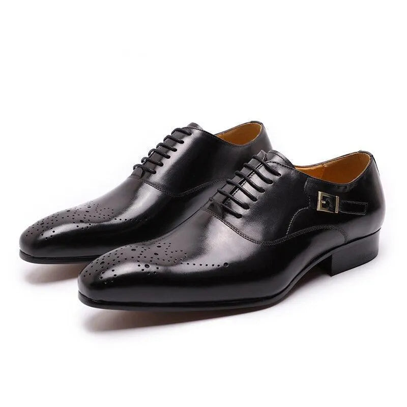 Black leather men's dress shoes with lace-up design and decorative perforations