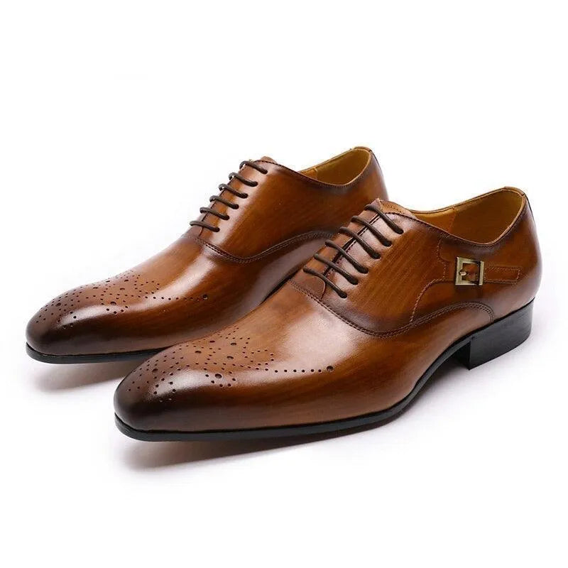 Brown leather men's dress shoes with lace-up closure and decorative perforations