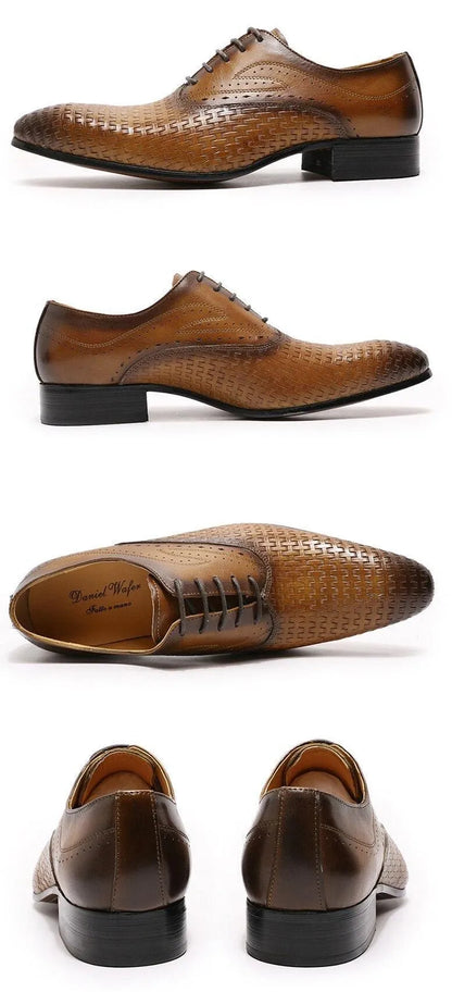 Brown leather dress shoes with pointed toe and textured woven pattern on white background