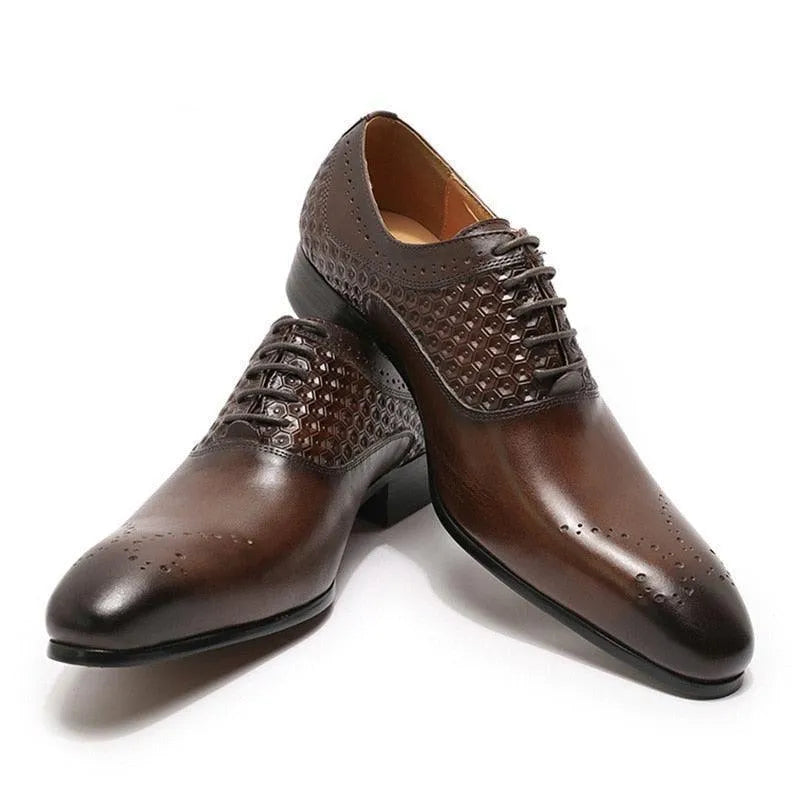 Glossy brown men's dress shoes with geometric perforated pattern on uppers