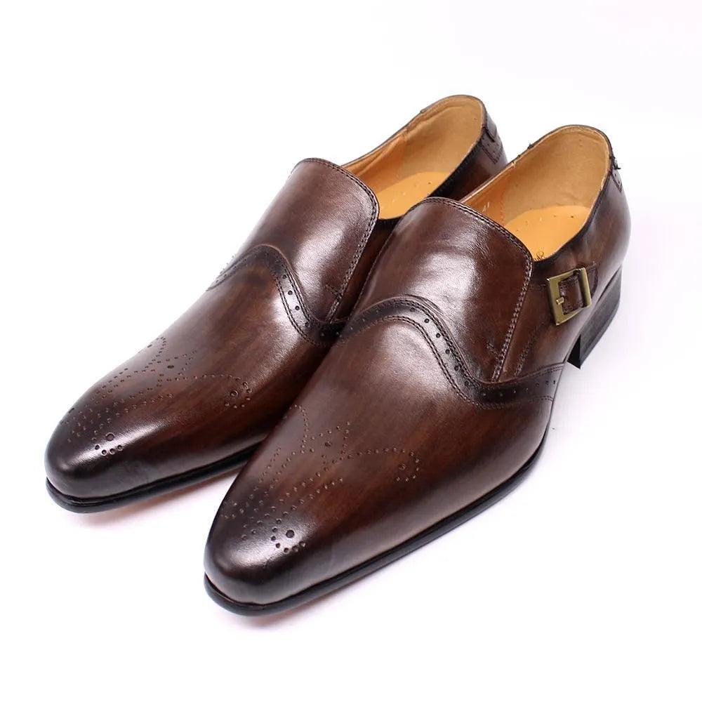 Brown leather pointed toe men's dress shoes with buckle and perforated detailing