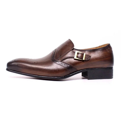 Brown pointed toe men's dress shoe with buckle and low heel on white background