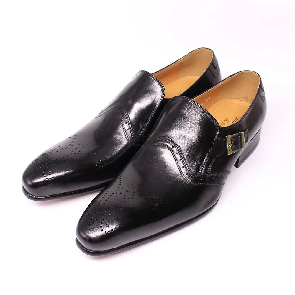 Black leather pointed toe men's dress shoes with buckle and brogue details