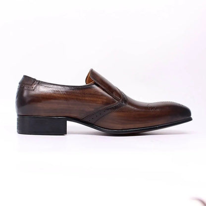 Brown leather men's dress shoe with pointed toe on a white background