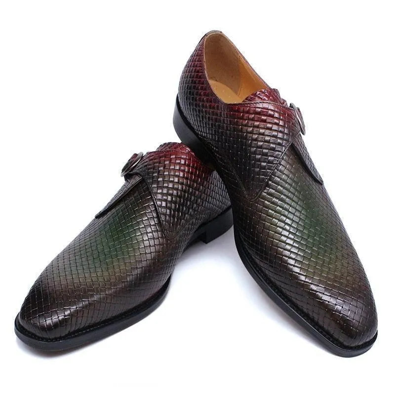 Gradient brown woven leather men's dress shoes with buckle on white background