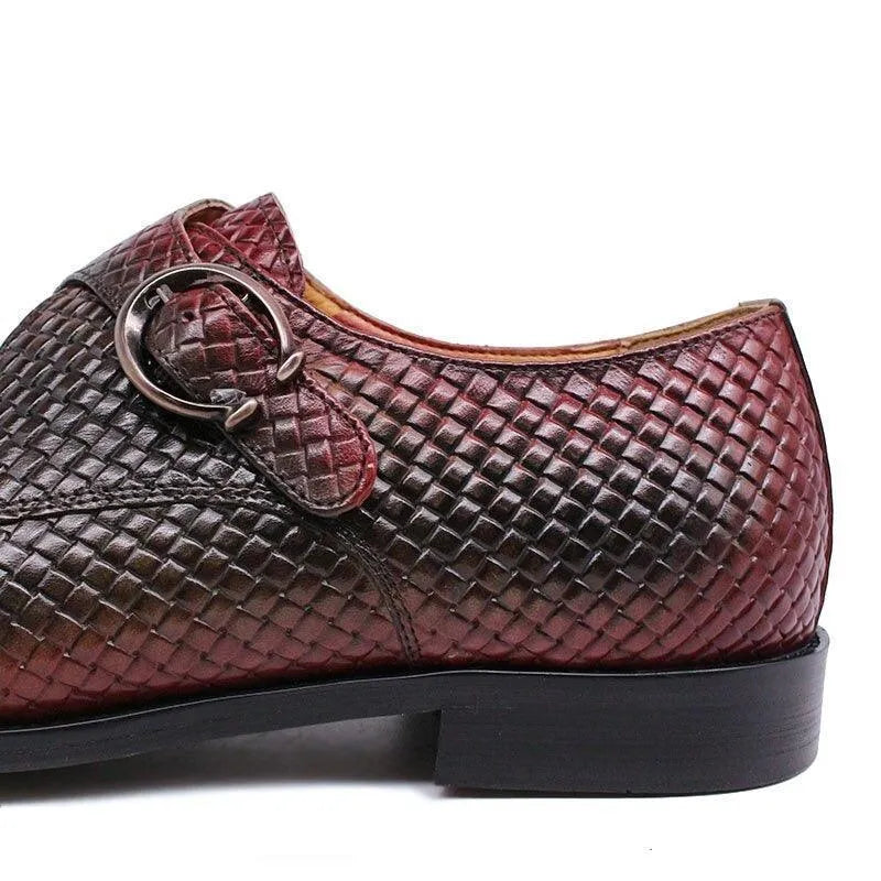 Gradient burgundy woven leather men's dress shoe with silver buckle detail