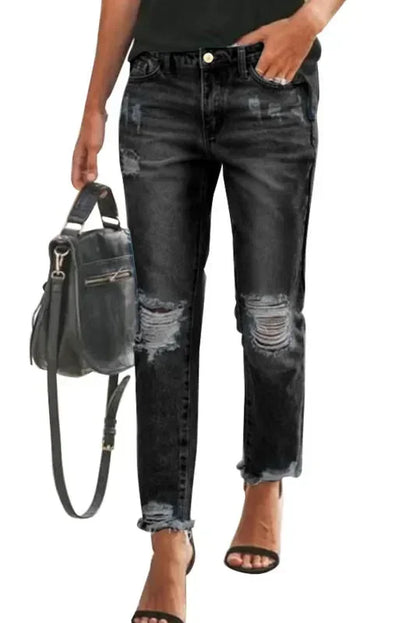 Edgy Women Jeans – High-Waist Raw Hem -Guocali
