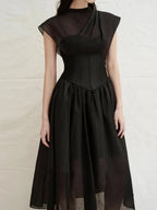 Elegant Black Midi Dress Sleeveless -Guocali