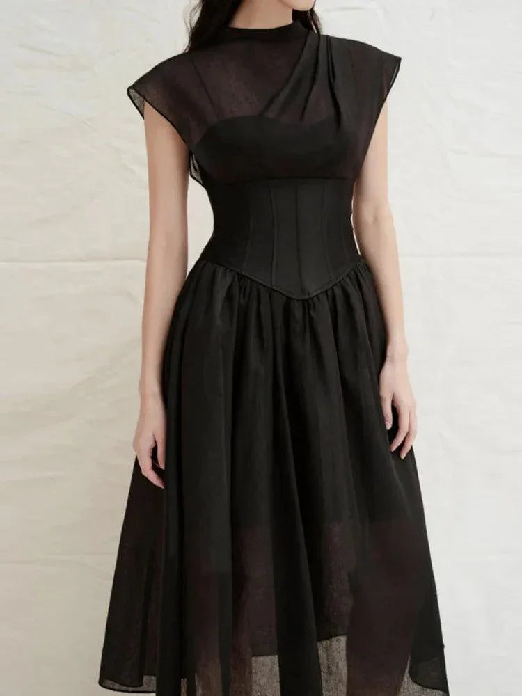 Elegant Black Midi Dress Sleeveless -Guocali