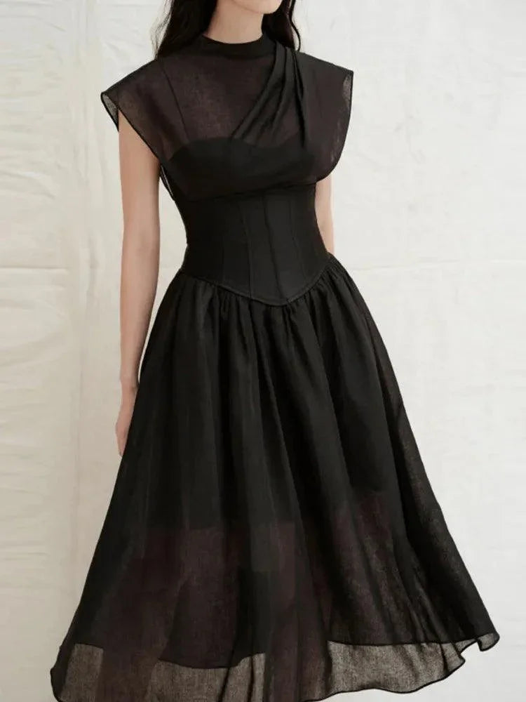 Elegant Black Midi Dress Sleeveless -Guocali