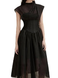 Elegant Black Midi Dress Sleeveless -Guocali