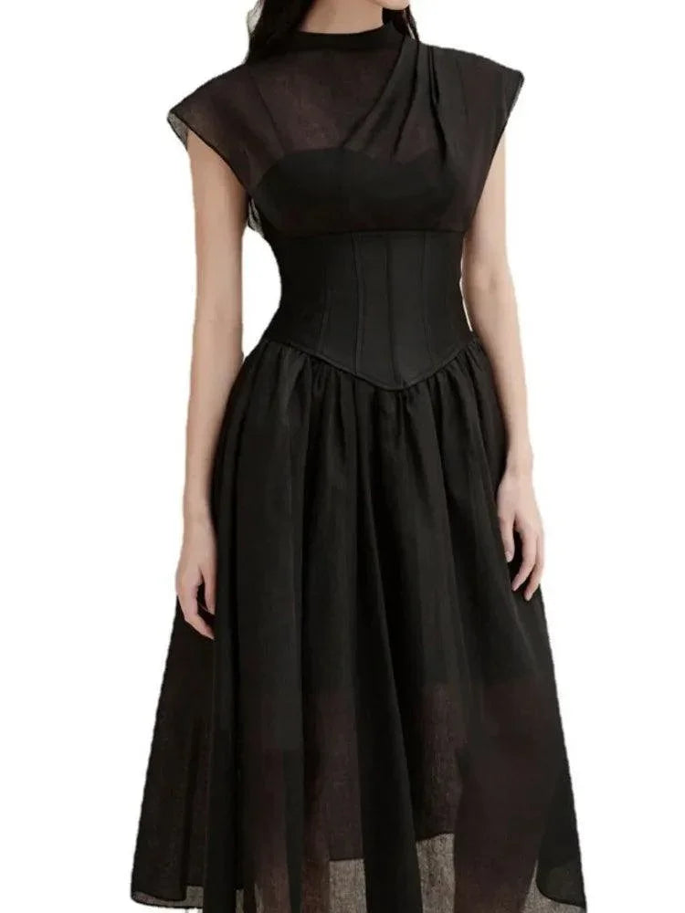 Elegant Black Midi Dress Sleeveless -Guocali