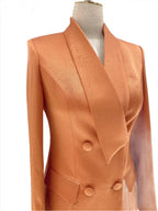 Elegant Chic Professional Women's Pant Suit - Solid Double-Breasted - Orange