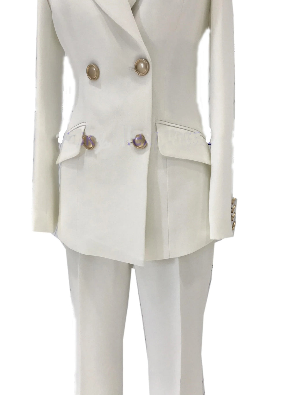 Elegant, Chic, Professional Women's Pant Suit - Solid Double-Breasted, White