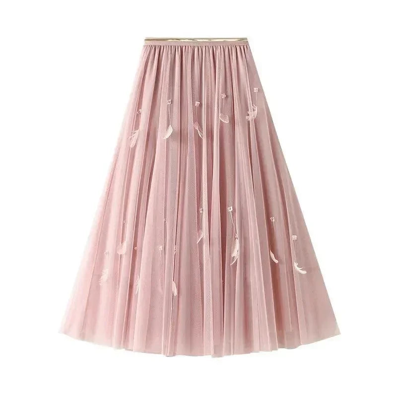 Elegant Feather Splicing A-Line Skirt -Guocali