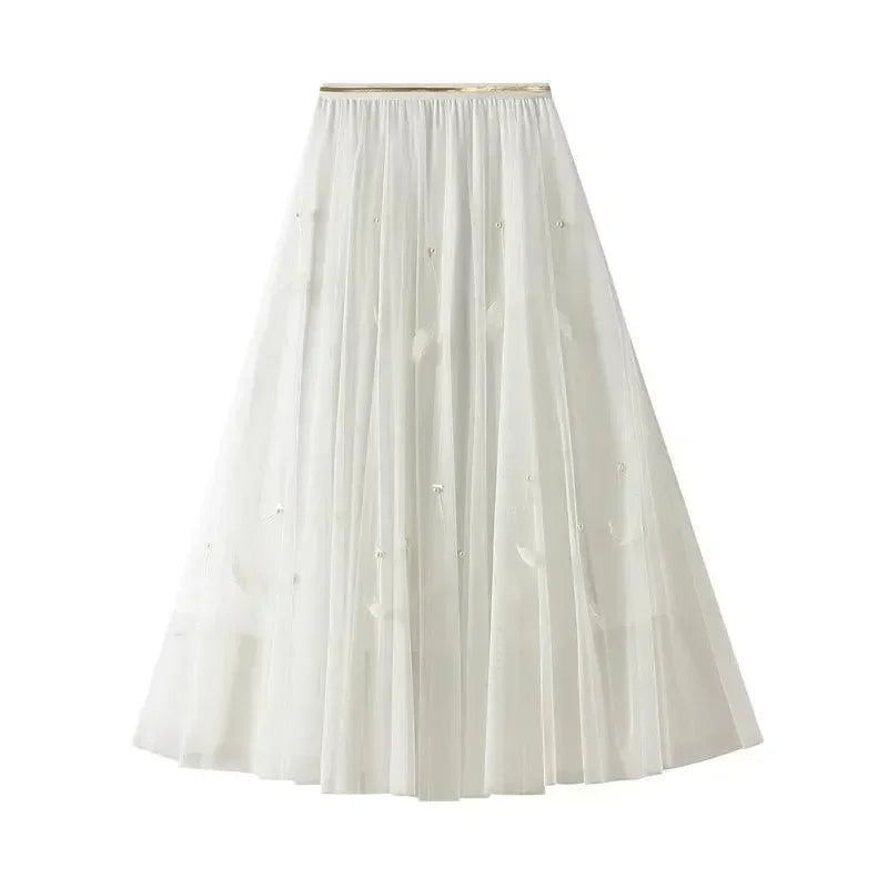 Elegant Feather Splicing A-Line Skirt -Guocali