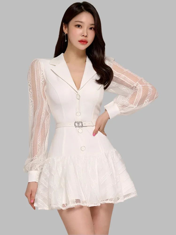 Elegant Hollow-Out Lace Patchwork Party Dress – Blazer-Style Short Dress -Guocali