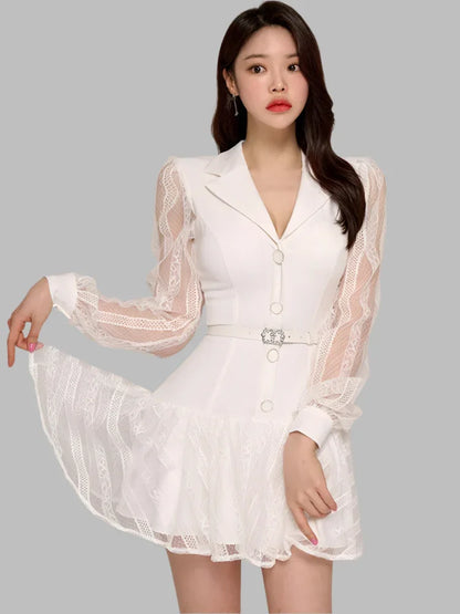 Elegant Hollow-Out Lace Patchwork Party Dress – Blazer-Style Short Dress -Guocali