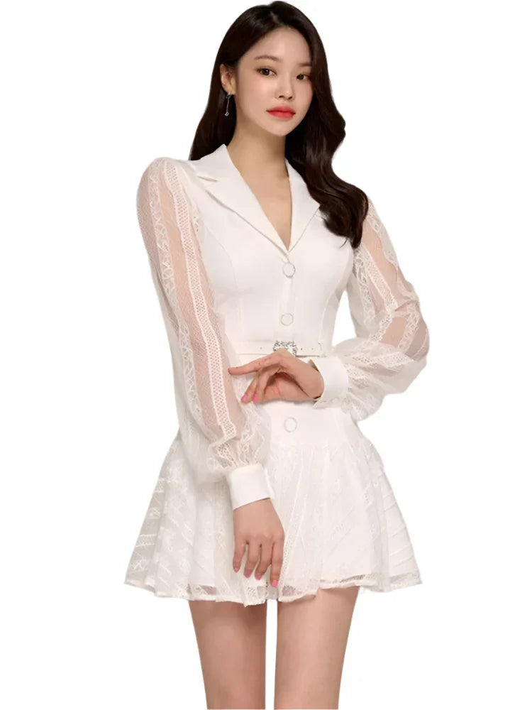 Elegant Hollow-Out Lace Patchwork Party Dress – Blazer-Style Short Dress -Guocali