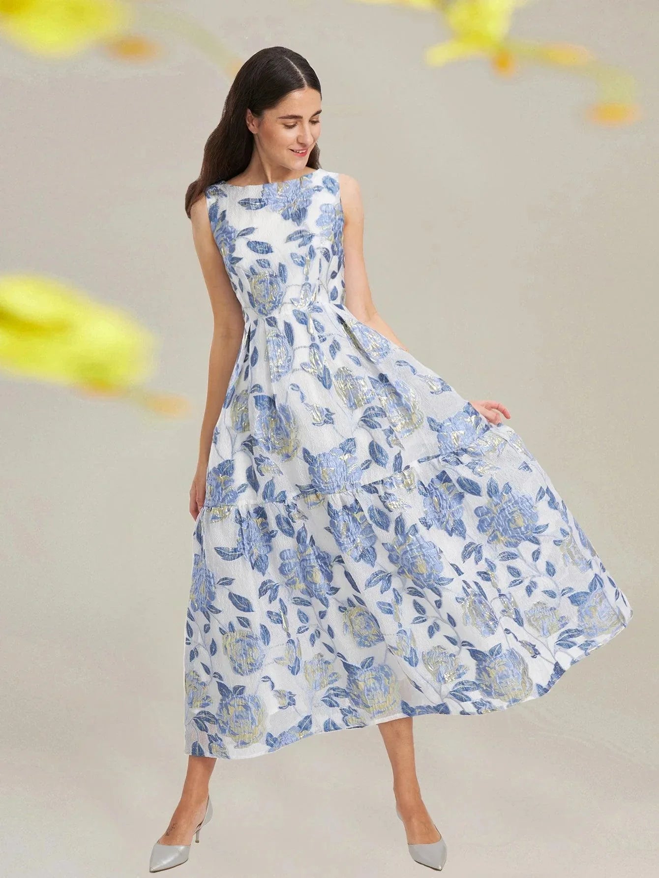 Elegant Organza Sleeveless Maxi Dress – Floral Long Dress for Women -Guocali