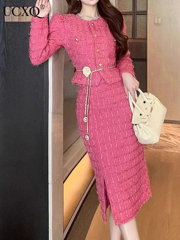 Elegant Pink Tweed Cardigan Skirt Set - Outfit Set - Guocali