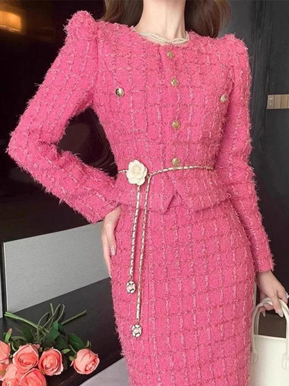 Elegant Pink Tweed Cardigan Skirt Set - Outfit Set - Guocali