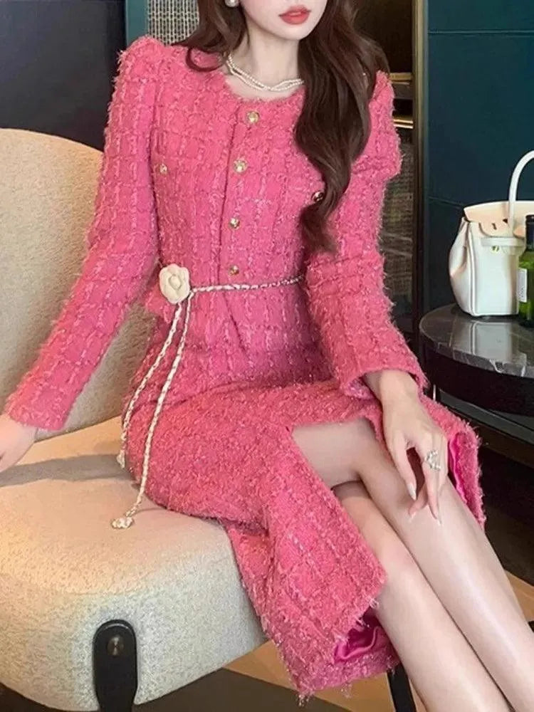 Elegant Pink Tweed Cardigan Skirt Suit -Guocali
