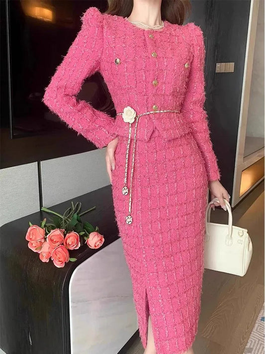 Elegant Pink Tweed Cardigan Skirt Suit -Guocali