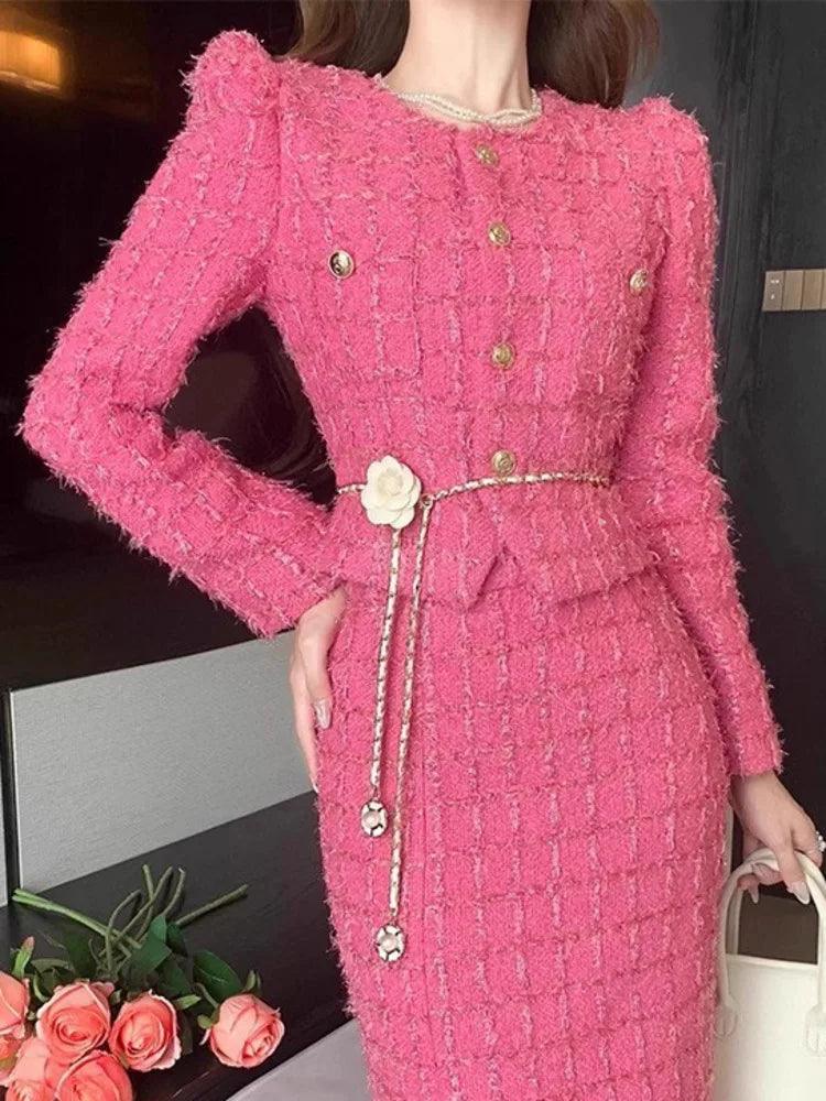 Elegant Pink Tweed Cardigan Skirt Suit - Skirt Suit - Guocali