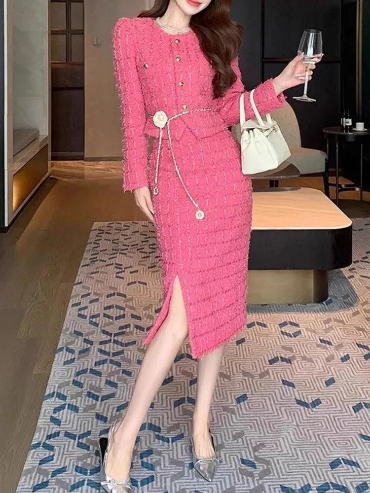 Elegant Pink Tweed Cardigan Skirt Suit - Skirt Suit - Guocali