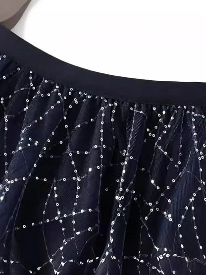 Elegant Sequin Pleated A-Line Skirt -Guocali