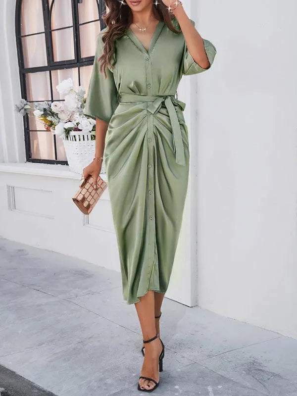 Elegant Solid Color Waist-Cinching Dress -Guocali