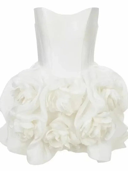 Elegant Strapless White Flower Short Dress -Guocali