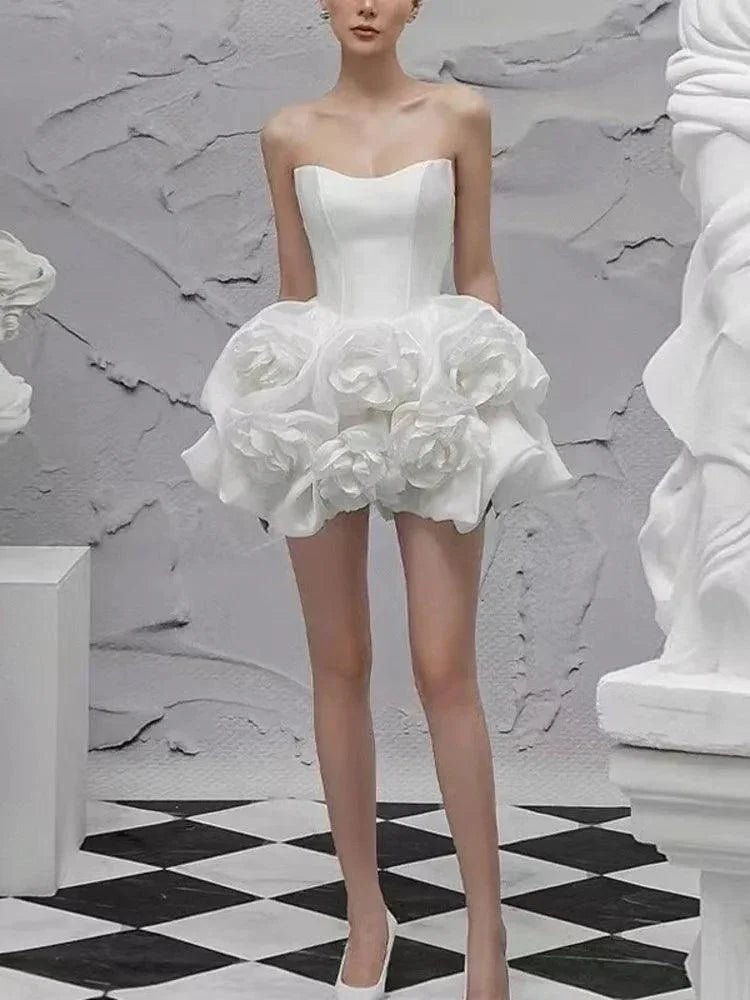 Elegant Strapless White Flower Short Dress -Guocali