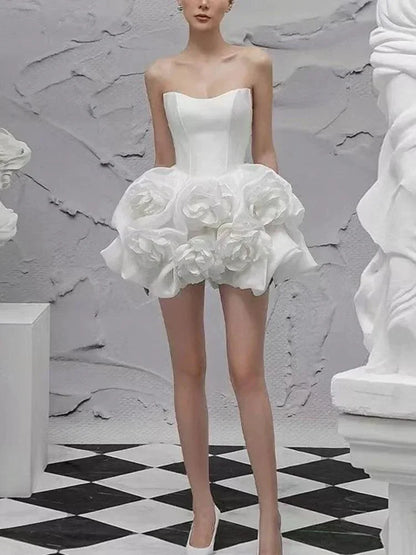 Elegant Strapless White Flower Short Dress -Guocali
